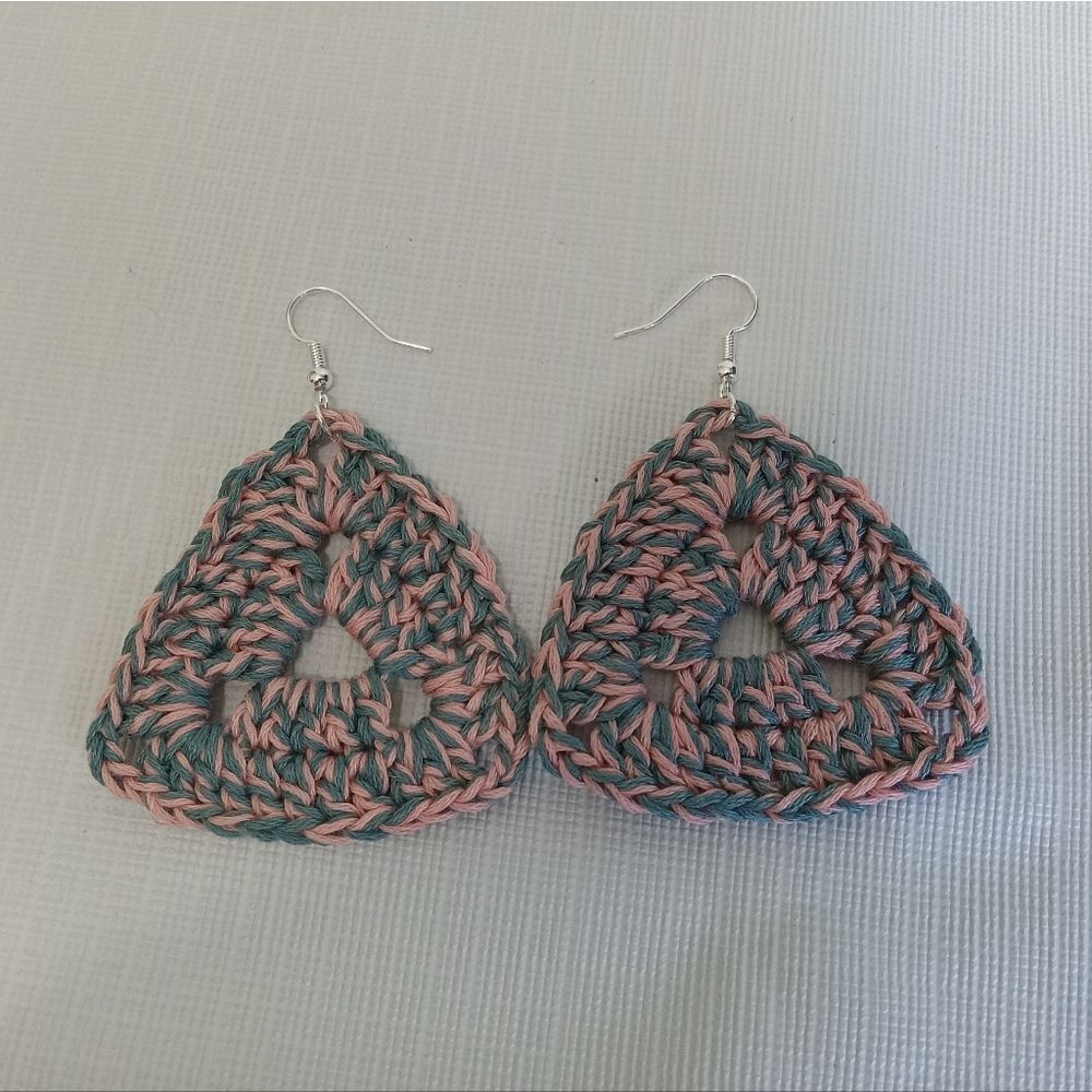 Handmade Crochet Blue and Pink Triangle Shaped Lightweight Dangle Style Earrings - Picture 11 of 11